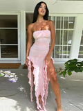 Niulatu Strapless Ruffle Evening Dress Women Sexy Bodycon Fringe Elegant Sleeveless Backless Holiday Club Party Dress HZ1007