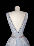 Niulatu V Neck Tulle Beaded Feathers A Line Prom Dress Evening Dress HZ1007