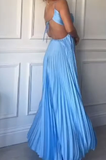 Niulatu Blue Halter Spaghetti Strap A-line Long Prom Dress Backless Evening Dress HZ1007