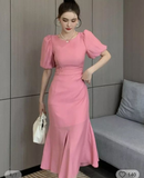 Niulatu Pink Puff Sleeves Mid-length Prom Dress Pink Evening Dress HZ1007