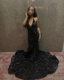 Niulatu Halter Backless Sequins Mermaid Long Prom Evening Dress With Sweep Train HZ1007