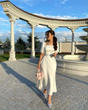 Niulatu Tea Length Evening Dresses Formal Dress with Half Sleeve HZ1007