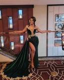 Niulatu Green Velvet Prom Evening Dress Gold Applique Beaded Slit Black Girl Birthday Gown HZ1007