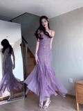 Niulatu Mermaid Spaghetti Straps Purple Chiffon Beaded Evening Dress Prom Dress HZ1007