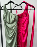 Niulatu One Shoulder Hot Pink Satin Sheath Prom Dress Long Evening Dress HZ1007