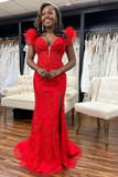 Niulatu Lace Mermaid Prom Dress With Split Red Evening Dress HZ1007