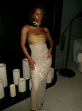 Niulatu Mermaid Strapless Long Yellow Sequin Satin Party Dresses Prom Dresses SD2042
