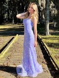 Niulatu Mermaid Spagehtti Straps Lilac Lace Sequin Long Prom Dress Evening Dress HZ1007