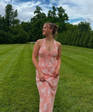 Niulatu Sheath Halter Print Floral Chiffon Long Prom Dress Vacation Dress HZ0113