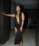 Niulatu Deep V Neck Black Evening Dress Black Evening Gown HZ1007