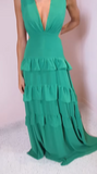 Niulatu Green Deep V Neck Layered Ruffles Evening Dress Backless Long Prom Dress HZ1007