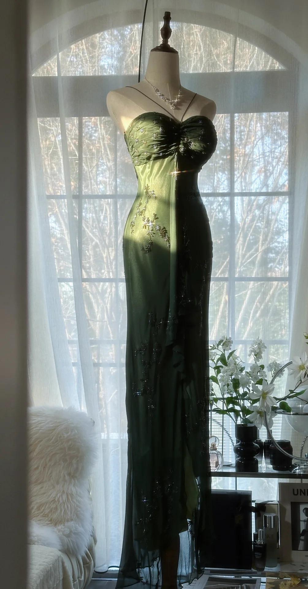 Niulatu Forest Green Spaghetti Straps Long Prom Dresses Glitter Chiffon Beaded Elegant Party Dresses HZ1026