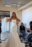 Dreamy Wedding Dress Mermaid Strapless White Satin Long Wedding Dresses Bridal Gowns HZ1214
