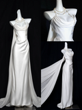 Dreamy Wedding Dress Sheath Strapless White Satin Summer Beach Long Wedding Dresses Bridal Gowns HZ1214