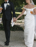 Dreamy Wedding Dress Sheath Off The Shoulder White Satin Summer Long Wedding Dresses Bridal Gowns HZ1121
