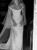 Dreamy Wedding Dress Sheath Off The Shoulder White Satin Summer Long Wedding Dresses Bridal Gowns HZ1121