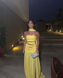 Classy A line Strapless Yellow Chiffon Prom Dresses Formal Summer Wedding Guest Dresses With Scarf Wedding Guest Outfit HZ1214