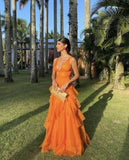 Pretty A line V Neck Orange Long Night Dinner Evening Dresses Formal Summer Wedding Guest Dresses Wedding Guest Outfits HZ1214