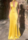Classy Sheath V Neck Yellow Satin Prom Dresses Formal Summer Wedding Guest Dresses Wedding Guest Outfit HZ1214