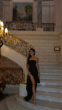 Classy A line Strapless Black Tulle Prom Dresses Formal Summer Wedding Guest Dresses With Slit Wedding Guest Outfit HZ1214