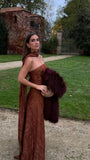 Modest A line Strapless Brown Lace 20th Birthday Dress With Scarf Prom Dress 18th Birthday Outfits For Women HZ1214