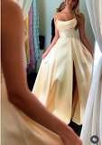 Modest A line Strapless Yellow Slit Satin 20th Birthday Dress Prom Dress 18th Birthday Outfits For Women HZ1214