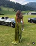 Modest Sheath One Shoulder Satin Green Prom Dresses Formal Summer Spring Wedding Guest Dresses Wedding Guest Outfit HZ1214
