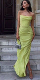 Modest A Line Strapless Chiffon Green Slit Prom Dresses Formal Summer Spring Wedding Guest Dresses Wedding Guest Outfit HZ1214