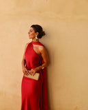 Modest Sheath One Shoulder Red Slit Prom Dresses Formal Summer Spring Wedding Guest Dresses Wedding Guest Outfit HZ1214