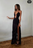 Sexy Sheath Spaghetti Straps Black Slit Lace Long Prom Dresses Formal Summer Wedding Guest Dresses Wedding Guest Outfit HZ1214
