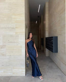 Classy Sheath One Shoulder Navy Blue Satin Prom Dresses Formal Summer Wedding Guest Dresses Wedding Guest Outfit HZ1214