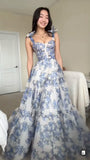 Classy A line Spaghetti Straps Floral Blue Prom Dresses Formal Summer Wedding Guest Dresses Wedding Guest Outfit HZ1214