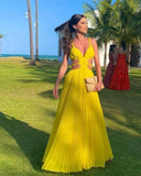 Classy A line Spaghetti Straps Yellow Chiffon Prom Dresses Formal Summer Wedding Guest Dresses Wedding Guest Outfit HZ1214