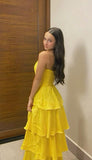 Classy A line Strapless Yellow Long Prom Dresses Formal Summer Wedding Guest Dresses Wedding Guest Outfit HZ1214