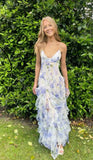 Elegant Sheath Spaghetti Straps Floral Blue Slit Prom Dresses Formal Summer Wedding Guest Dresses Wedding Guest Outfit HZ1214