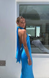 Classy Sheath High Neck Satin Blue Long Prom Dresses Formal Summer Wedding Guest Dresses Wedding Guest Outfit HZ1214