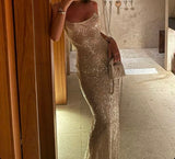 Elegant Sheath Halter Sequin Champagne Long Prom Dresses Formal Summer Wedding Guest Dresses Wedding Guest Outfit HZ1214