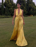 Modest A Line Halter Neck Yellow Satin 20th Birthday Dress Prom Dress 18th Birthday Outfits For Women HZ1214
