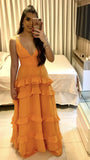 Elegant A line Spaghetti Straps Orange Chiffon Long Prom Dresses Formal Summer Wedding Guest Dresses Wedding Guest Outfit HZ1214