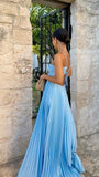 Elegant A line Spaghetti Straps Blue Chiffon Long Prom Dresses Formal Summer Wedding Guest Dresses Wedding Guest Outfit HZ1214