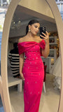 Classy Sheath Off The Shoulder Pink Satin Long Prom Dresses Formal Summer Wedding Guest Dresses Wedding Guest Outfit HZ1214