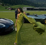 Classy Sheath One Shoulder Green Satin Long Prom Dresses Formal Summer Wedding Guest Dresses Wedding Guest Outfit HZ1214