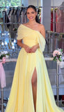 Classy A line One Shoulder Yellow Chiffon Long Prom Dresses Formal Summer Wedding Guest Dresses Wedding Guest Outfit HZ1214