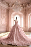Unique Ball Gown Sweetheart Pink Lace Long Quinceanera Dresses Sweet 16 Dress Formal Vestido De 15 Anos HZ1214