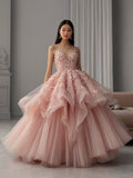 Unique Ball Gown Spaghetti Straps Pink Flowers Long Quinceanera Dresses Sweet 16 Dress Formal Vestido De 15 Anos HZ1214