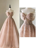 Pretty Ball Gown Off The Shoulder Pink Tulle Long Quinceanera Dress Formal Flowers Vestido De 15 Anos Sweet 16 Dress HZ1214