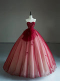 Pretty Ball Gown Sweetheart Red Flowers Tulle Long Quinceanera Dress Formal Gowns Vestido De 15 Anos Sweet 16 Dress HZ1214