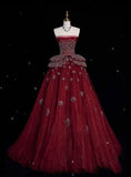 Pretty Ball Gown Strapless Burgundy Tulle Long Quinceanera Dress Formal Gowns Vestido De 15 Anos Sweet 16 Dress HZ1214