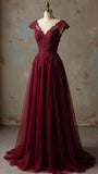 Vintage A line V Neck Wine Red Lace Long Prom Dresses Party Dress Graduation Dresses HZ1214