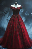 Pretty Ball Gown Off The Shoulder Burgundy Tulle Long Quinceanera Dress Formal Gown Vestido De 15 Anos Sweet 16 Dress HZ1214